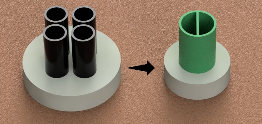 Grössenvergleich der Bohrdurchmesser: schmales Splitpipe-Bohrloch neben konventionellem Bohrloch für eine Doppel-U-Sonde