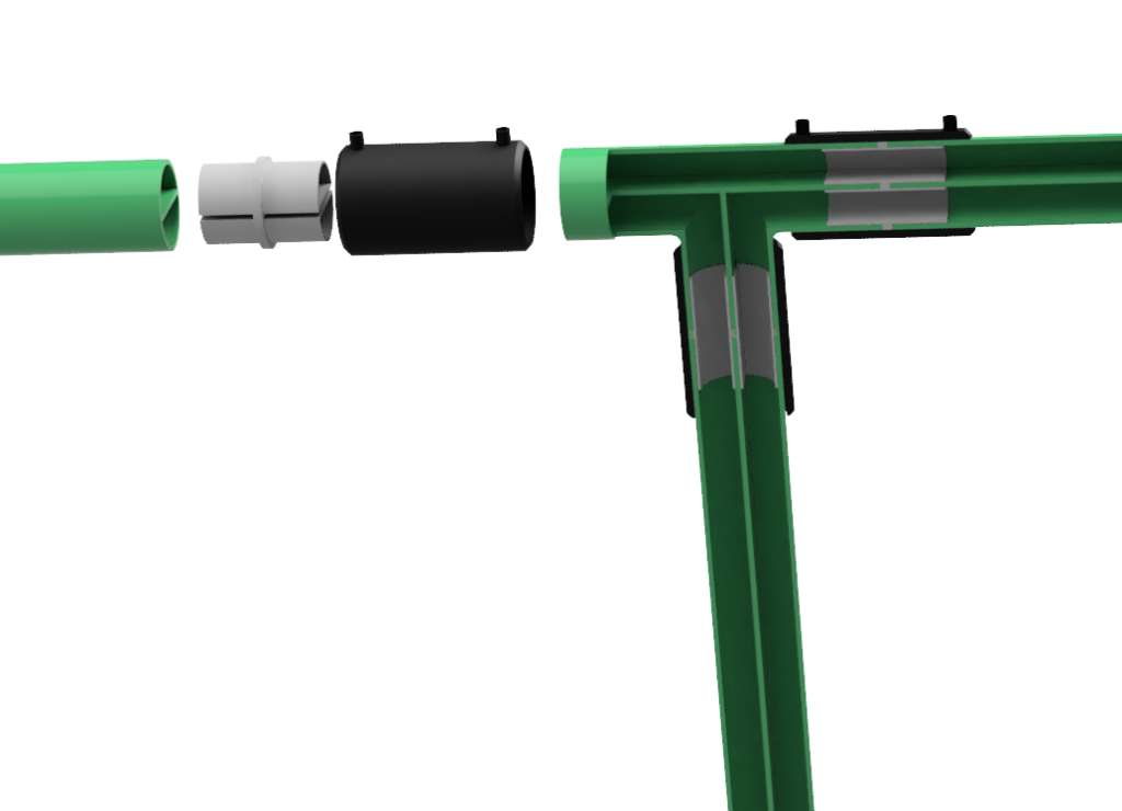 Verbindungstechnik der Splitpipe: Verbinder, Elektroschweissmuffe und T-Stück im Schnitt