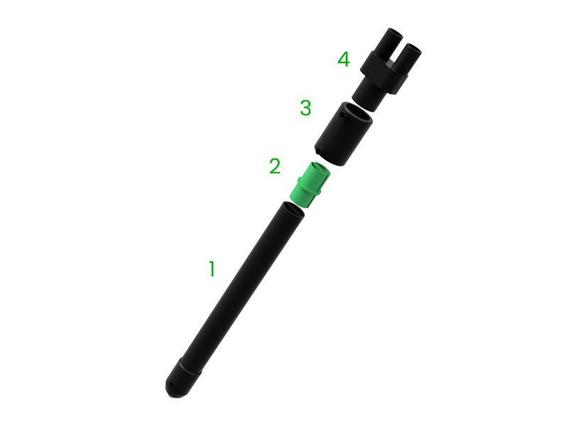 Explosionsdarstellung der Splitpipe-Sonde mit vier nummerierten Bauteilen