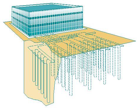3D-weergave van een gebouw met een veld met verticale bodemwarmtewisselaars