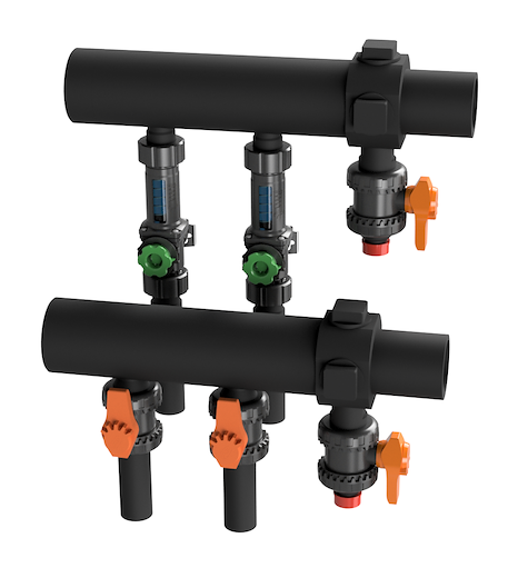 Distribution system from separatus: distribution beams with valves, flow indicators and connection technology